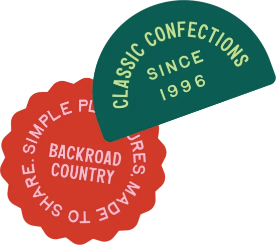 Stickers reading Classic Confections since 1996 and Simple Pleasures, Made to Share.