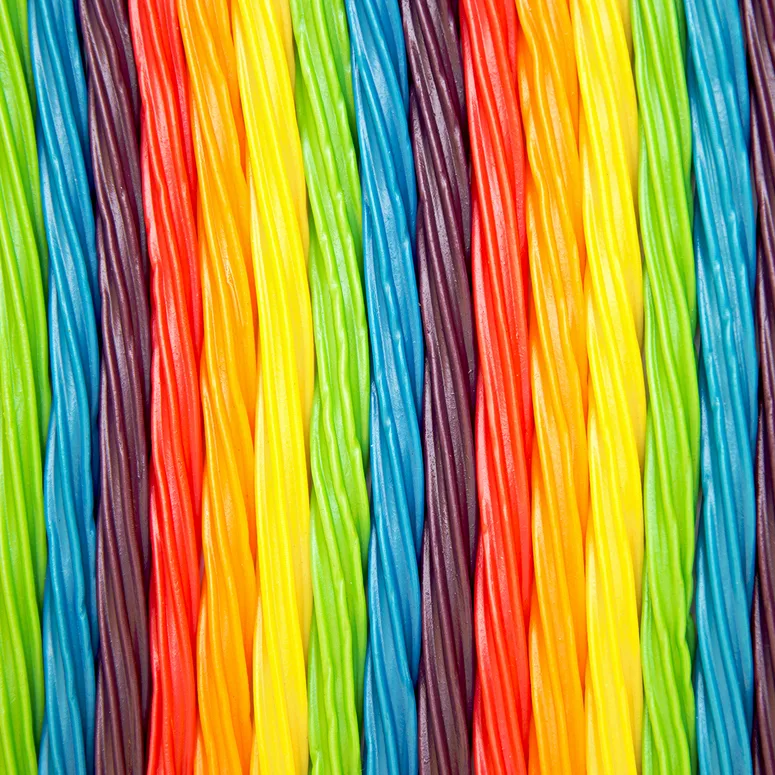 Vibrant rainbow-colored licorice
